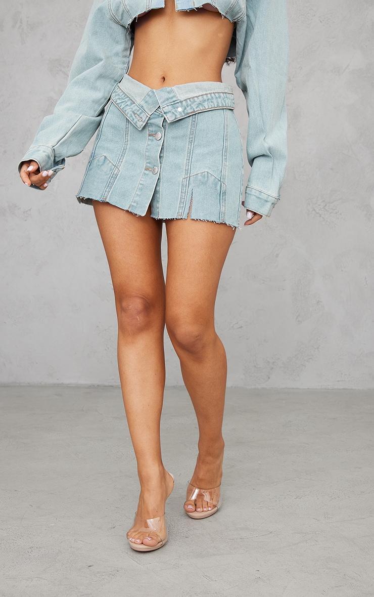 Petite Light Blue Wash Distressed Button Front Denim Micro Mini Skirt Product Image