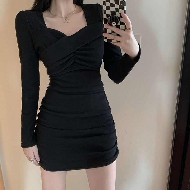 Long Sleeve Square-Neck Plain Ruched Mini Bodycon Dress Product Image