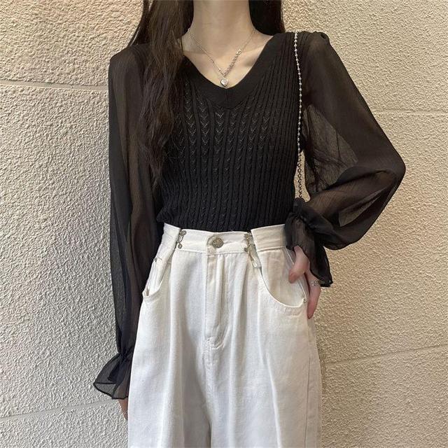 Long-Sleeve V-Neck Cable Knitted Panel Blouse Product Image