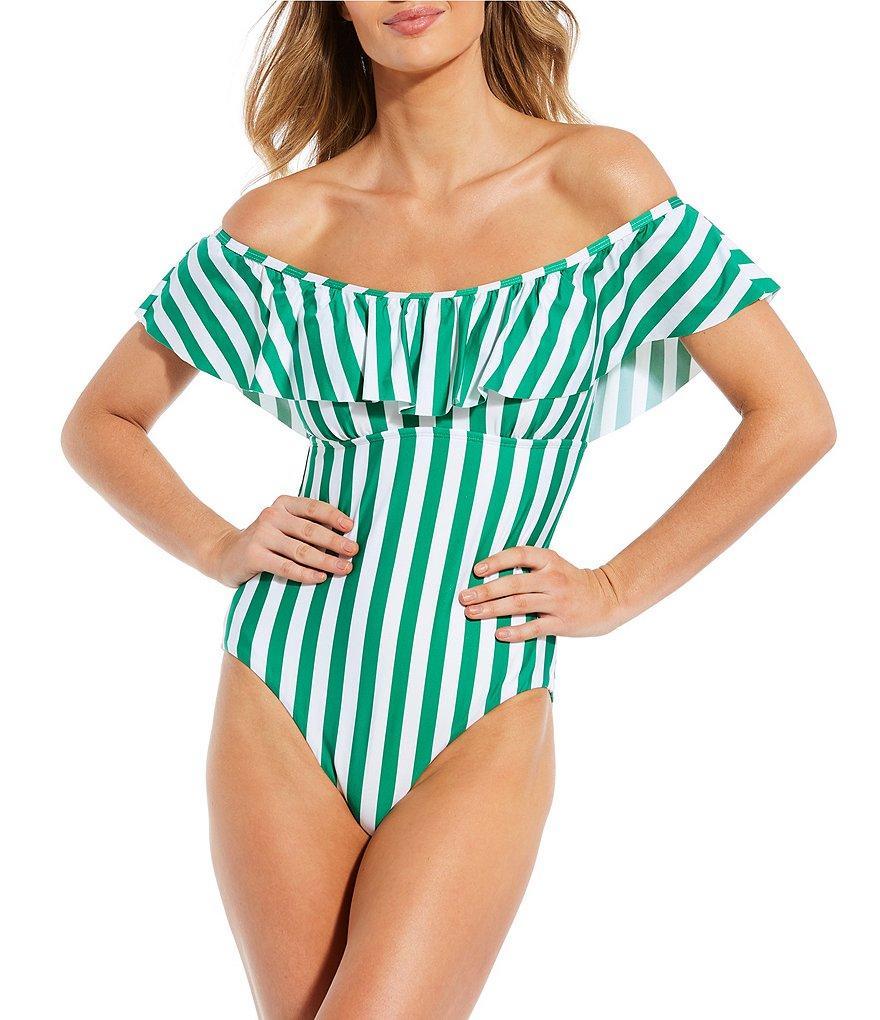 Gibson & Latimer Off Shore Striped Ruffle Off-the-Shoulder One Piece Swimsuit Product Image