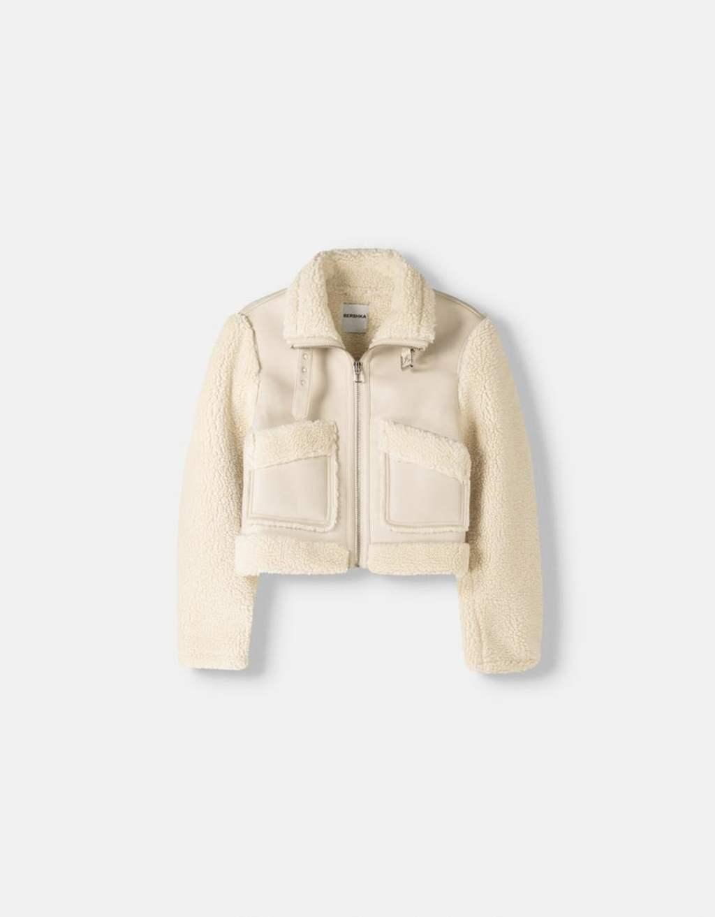 Bershka shearling and faux leather jacket in cream Product Image