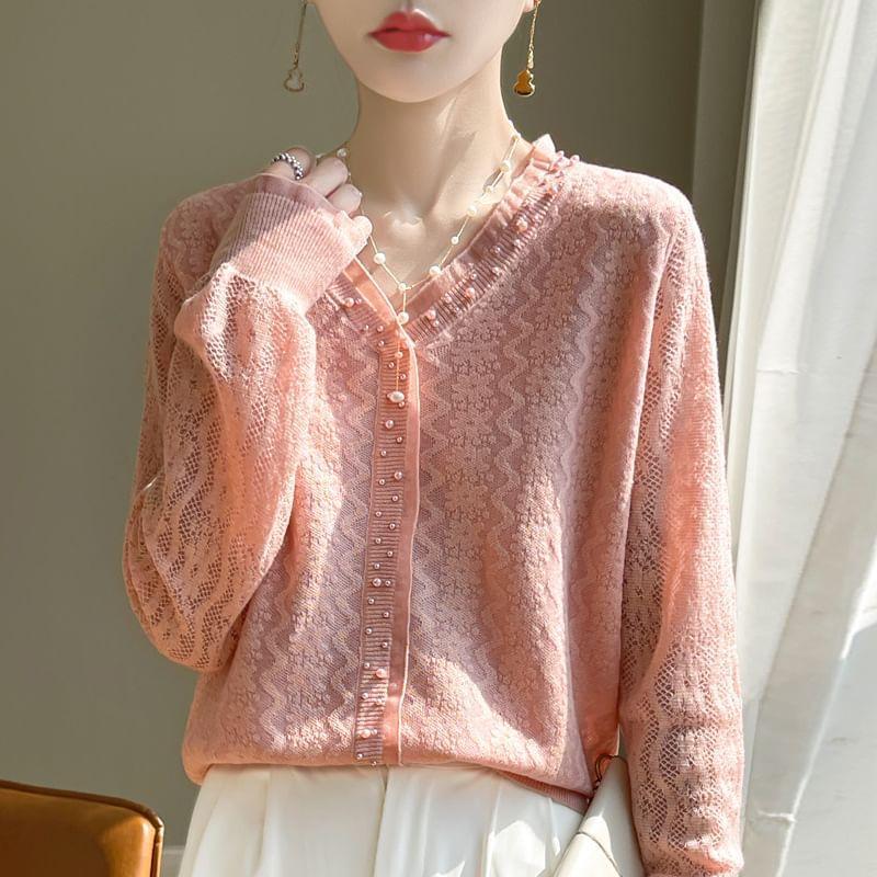 V-Neck Beaded Plain Cardigan Product Image