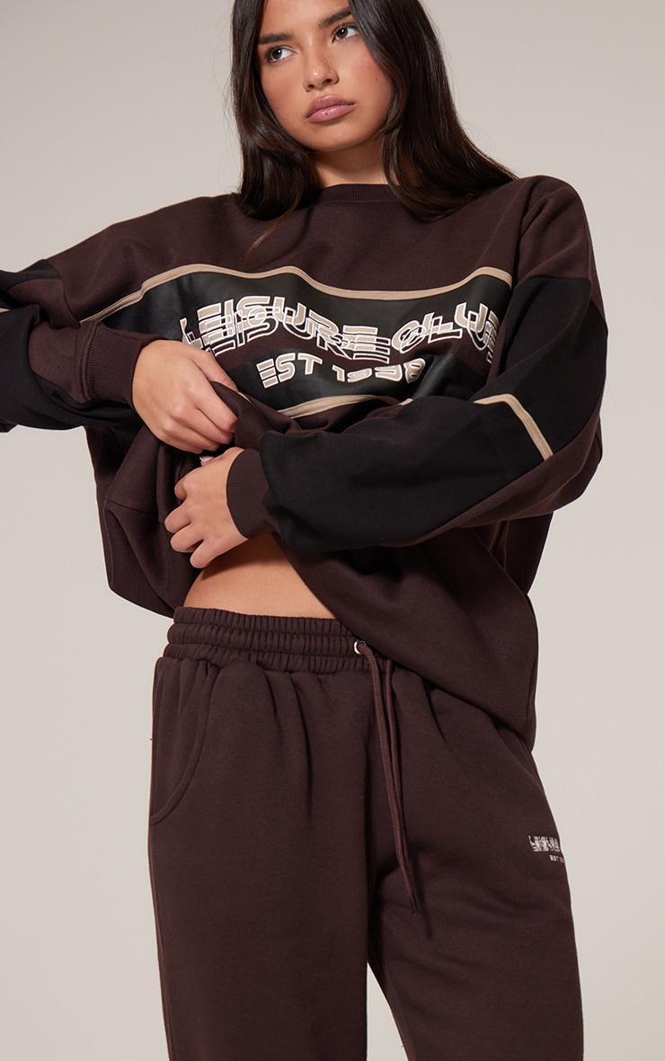 Dark Brown Print Embroidered Leisure Club Sweatshirt Product Image