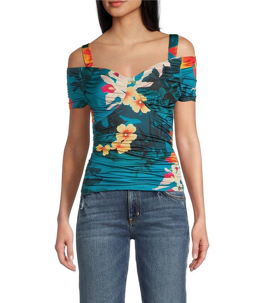 Guess Emily Tropical Floral Print Cold Shoulder Top Product Image