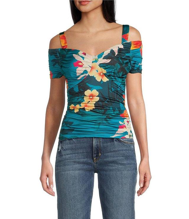 Guess Emily Tropical Floral Print Cold Shoulder Top Product Image