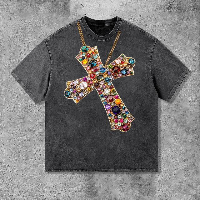 Diamond Cross Graphic Print Acid Washed T-Shirt Product Image