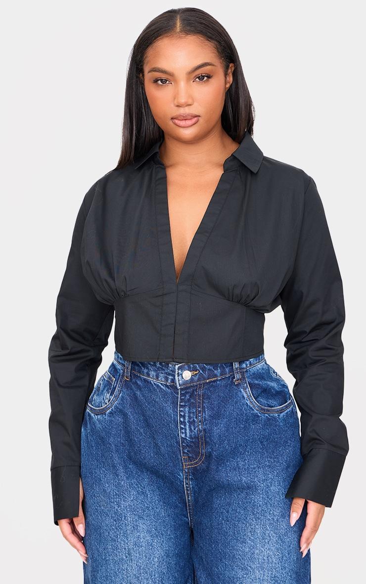 Plus Black Cropped Corset Detail Fitted Shirt Product Image