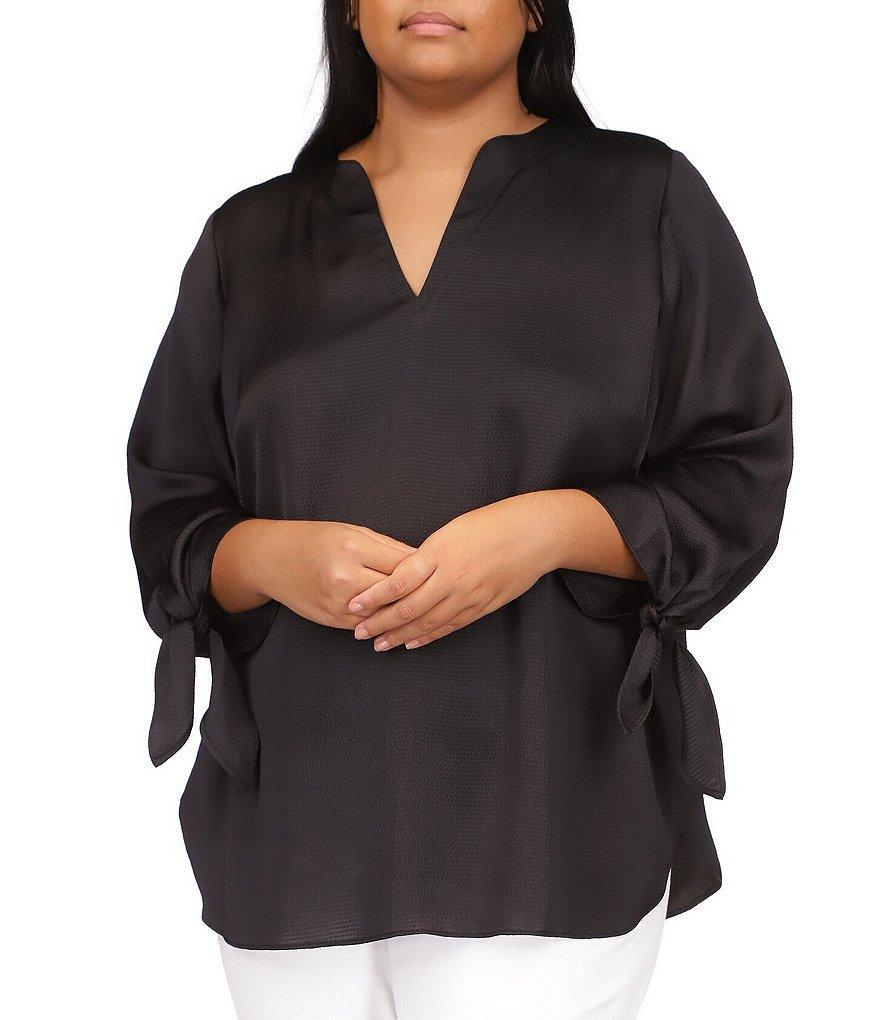 MICHAEL Michael Kors Plus Size Satin V-Neck Long Tie Sleeve Blouse Product Image