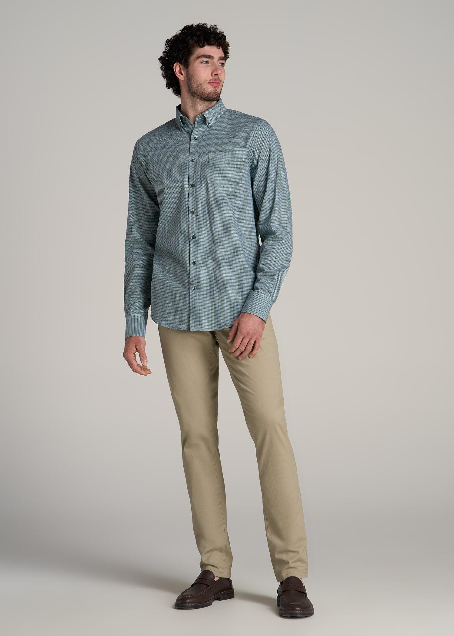 Soft-Wash Button-Up Shirt for Tall Men in Green and Navy Houndstooth Male Product Image