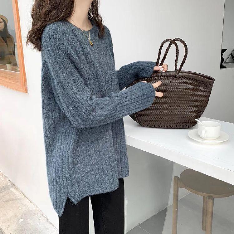 Round Neck Plain Ribbed Sweater Product Image