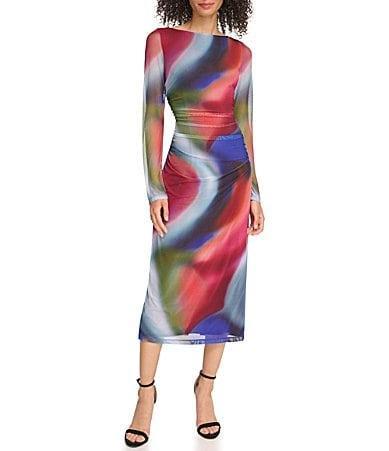 Vince Camuto Watercolor Swirl Print Long Sleeve Boat Neck Mesh Midi Bodycon Dress Product Image