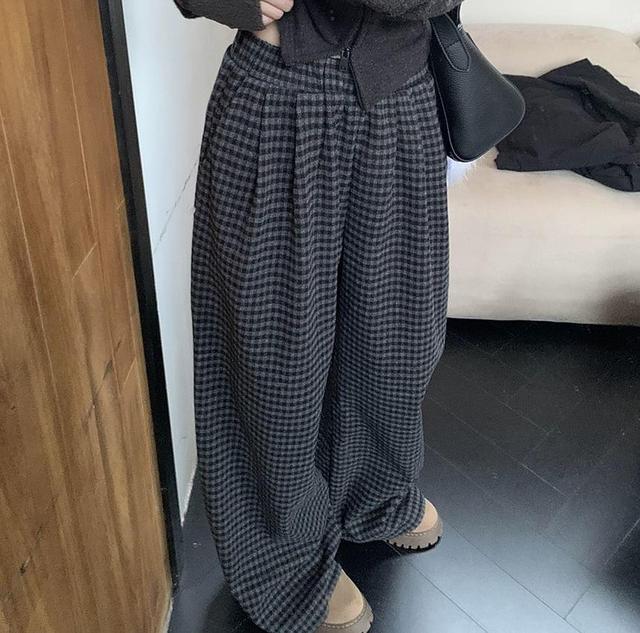 Elastic Waist Plaid Wide Leg Pants Product Image