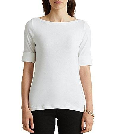 Lauren Ralph Lauren Petite Size Boat Neck Short Sleeve Cotton Blend Knit Top Product Image