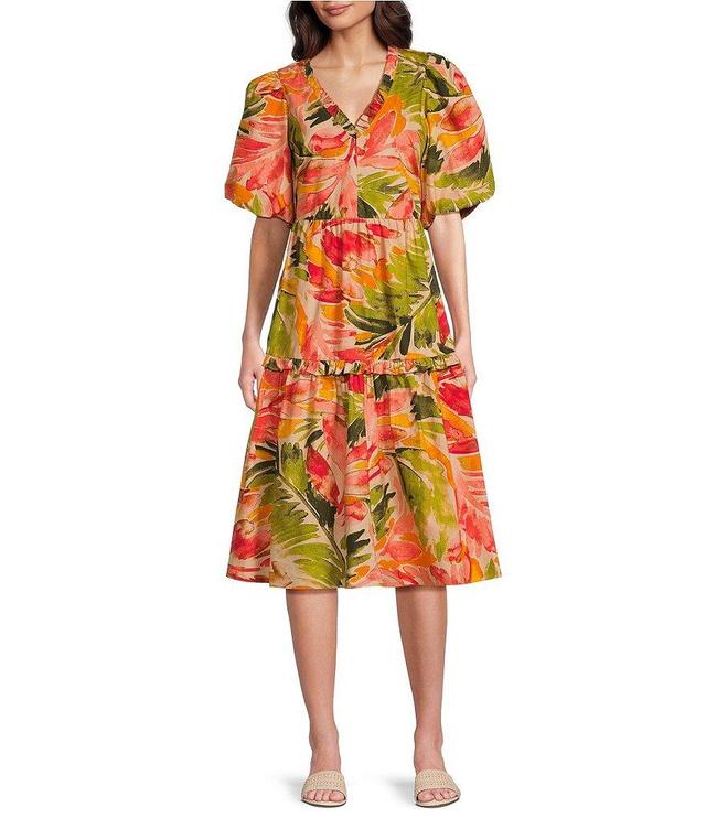 Gibson & Latimer Palm Printed Eyelet V-Neck Short Puff Sleeve Tiered A-Line Midi Dress Product Image