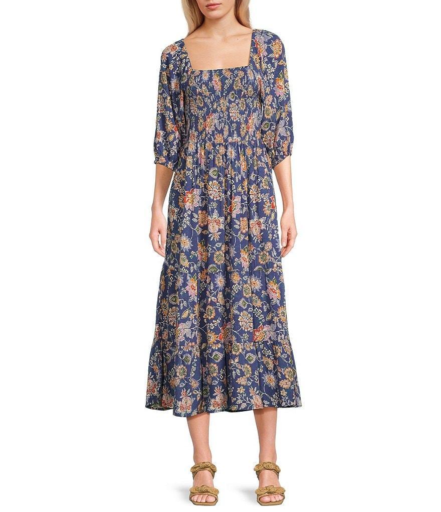 Angie Floral Print 3/4 Sleeve Smocked Midi Dress Product Image