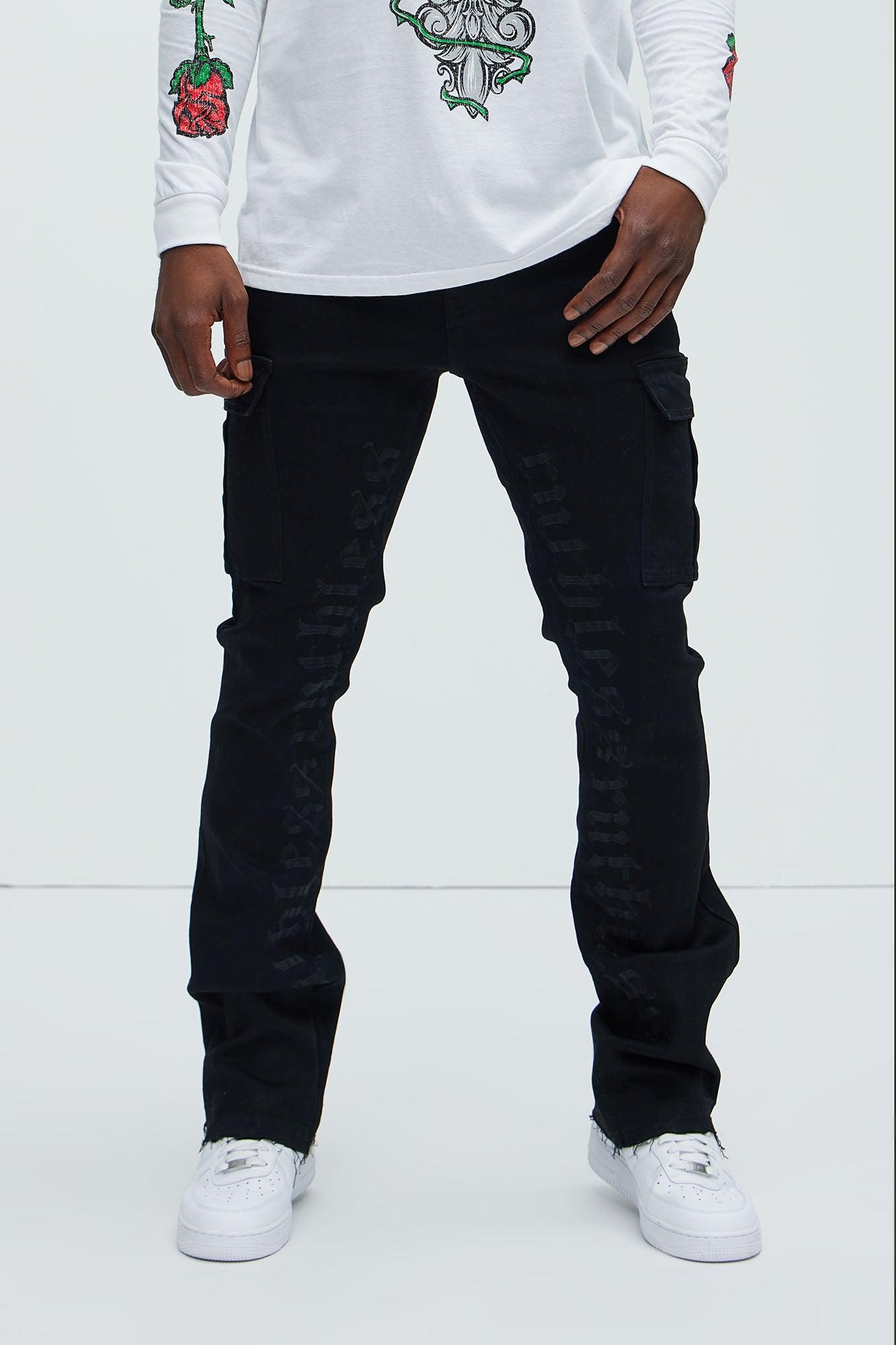 Ruthless Embroidered Stacked Skinny Cargo Flare Jeans - Black product image