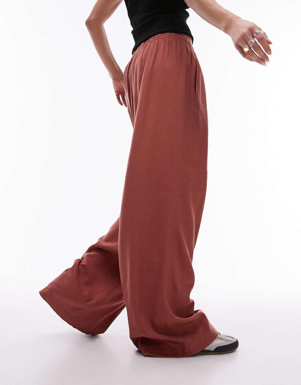 Topshop linen wide leg pants in burnt brick Product Image