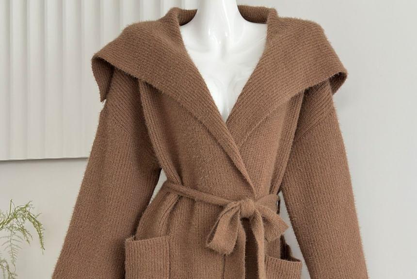 Lapel Collar Sashed Plain Knit Coat Product Image