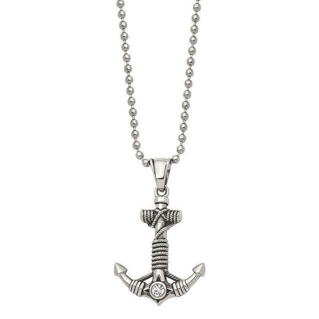 Mens Antiqued Stainless Steel Cubic Zirconia Anchor Pendant Necklace White Product Image