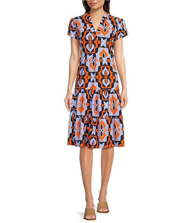 Jude Connally Butterfly Tile Navy Print Jude Cloth Knit V-Neck Short Puff Sleeve A-Line Tiered Midi Dress Product Image