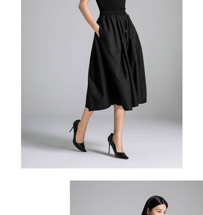 Drawstring Waist Plain Midi A-Line Skirt Product Image