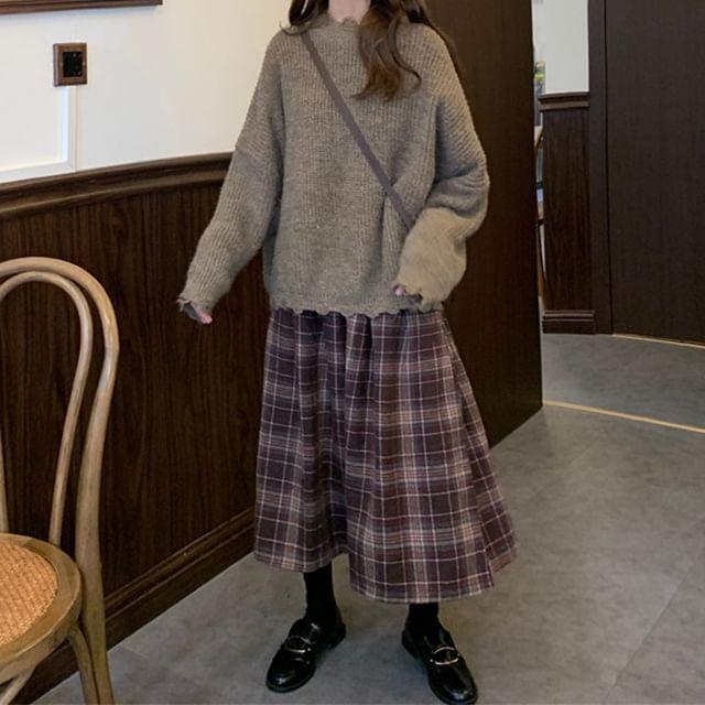 Long Sleeve Plain Distressed Loose-Fit Sweater / High Rise Plaid Midi A-Line Skirt Product Image