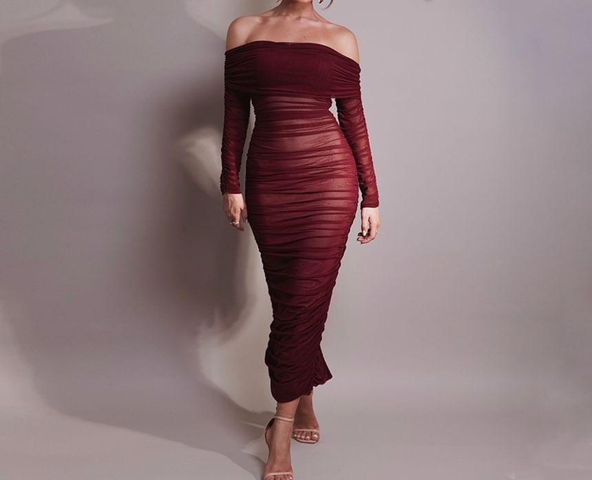 Long-Sleeve Off Shoulder Sheer Maxi Bodycon Dress Product Image