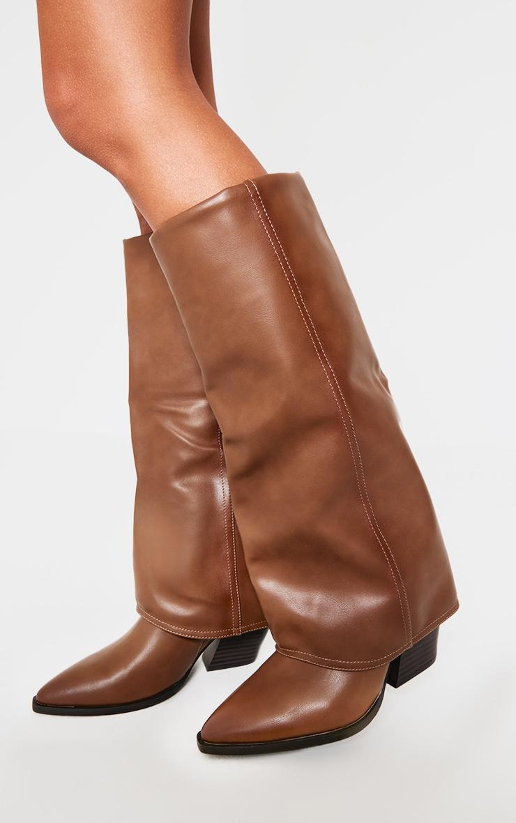 Tan PU Point Toe Knee High Fold Over Mid Heeled Boots Product Image