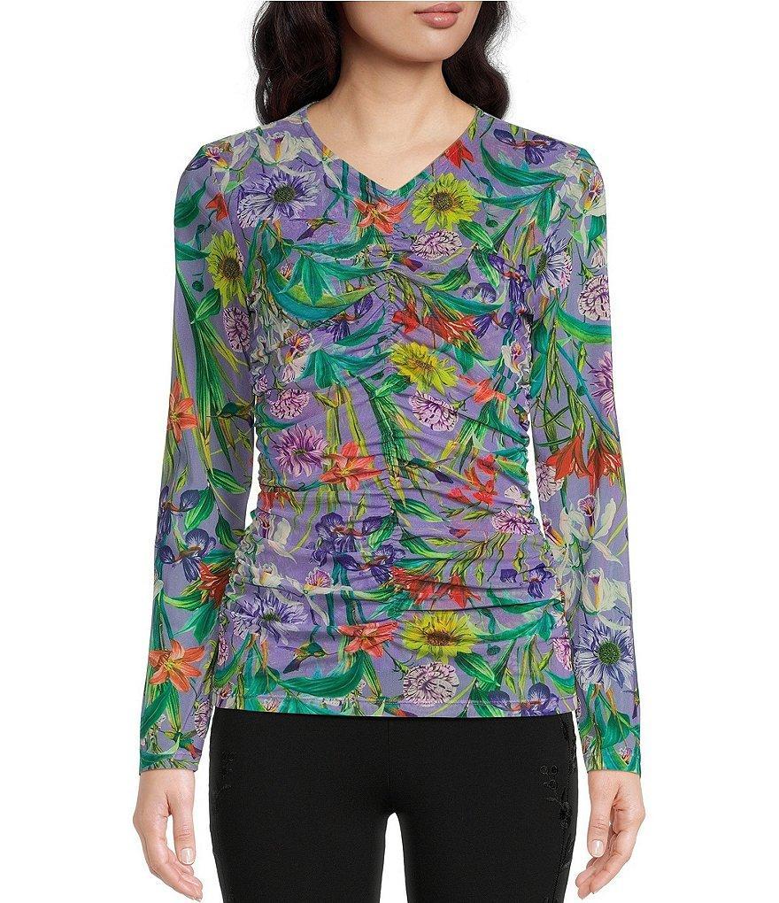 Johnny Was Daphne Mesh Knit Floral Print Crew Neck Long Sleeve Tee Product Image