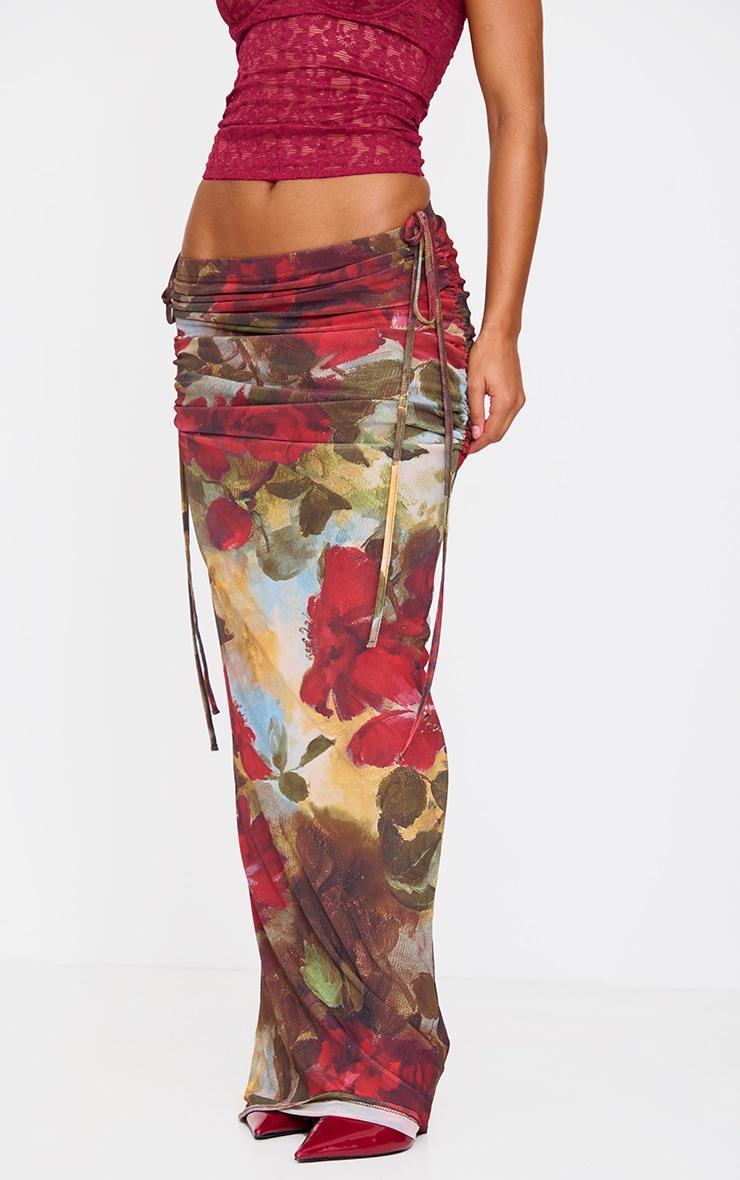 Red Rose Print Ruched Side Maxi Skirt Product Image