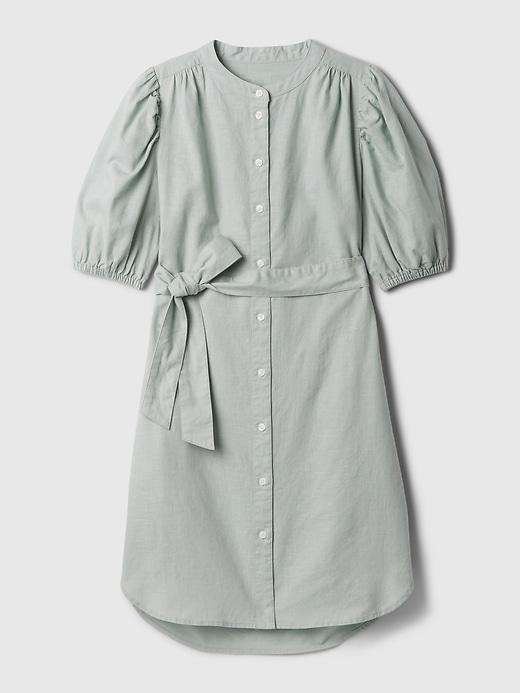 Linen-Cotton Puff-Sleeve Mini Shirtdress Product Image