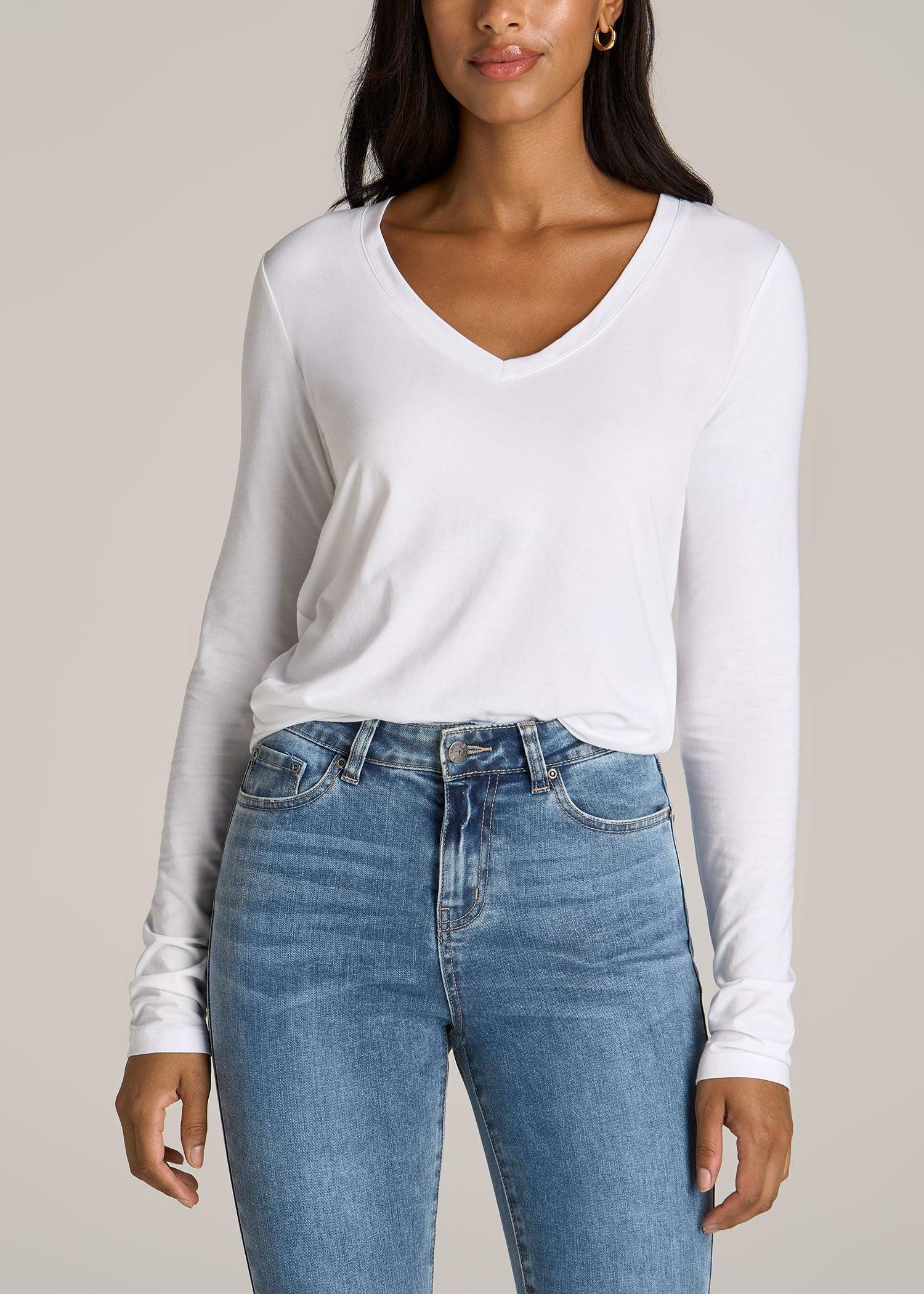 Long Sleeve Scoop V-Neck Tee Shirt for Tall Women in White Female Product Image