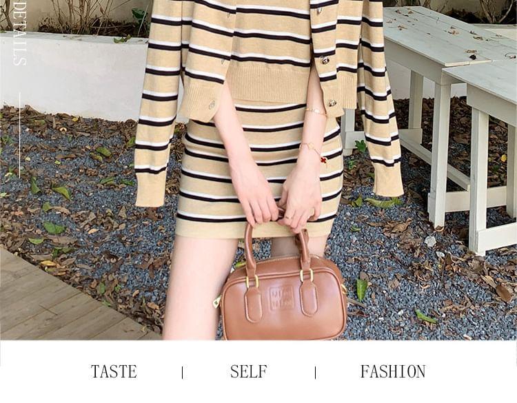 Set: Striped Button-Up Jacket + Short-Sleeve Top + Mini Skirt Product Image