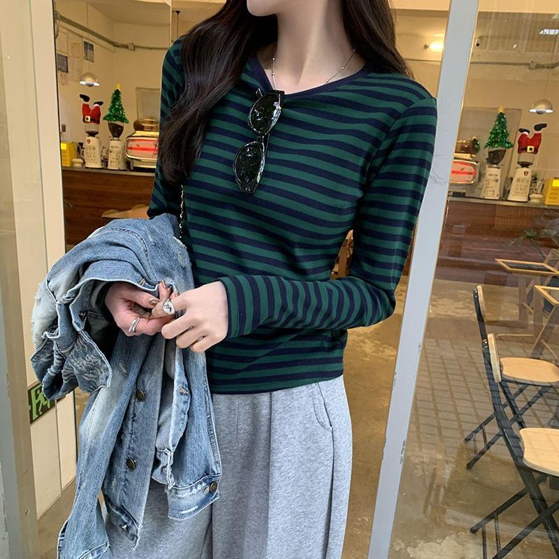 Long-Sleeve Crew Neck Striped Tee Product Image