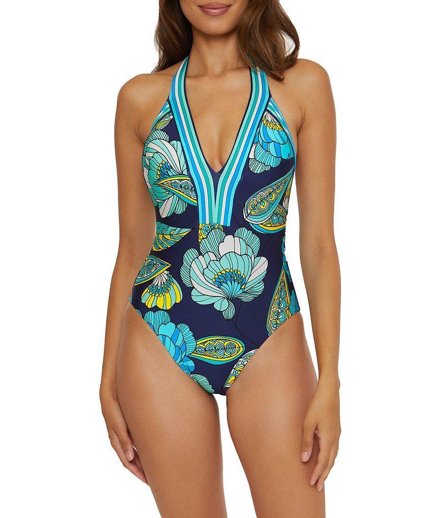 Trina Turk Pirouette Floral Plunge Halter One Piece Swimsuit Product Image