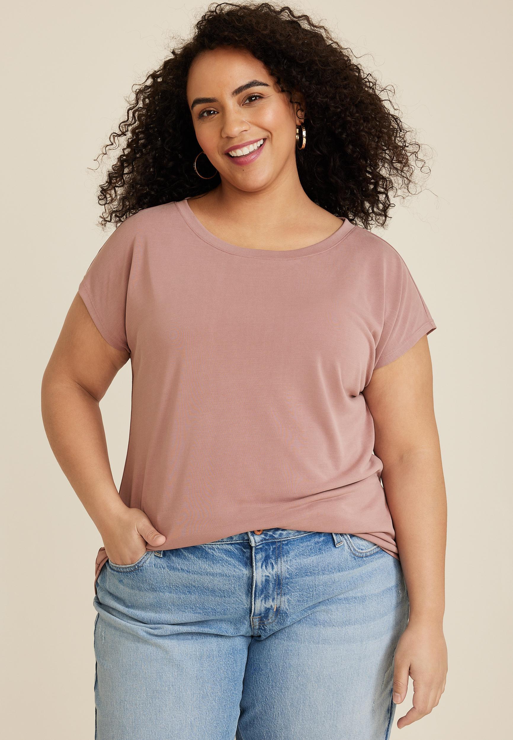 Maurices 0X Plus Size Womens 24/7 Fairhaven Boat Neck Sandwash Tee Pink Product Image