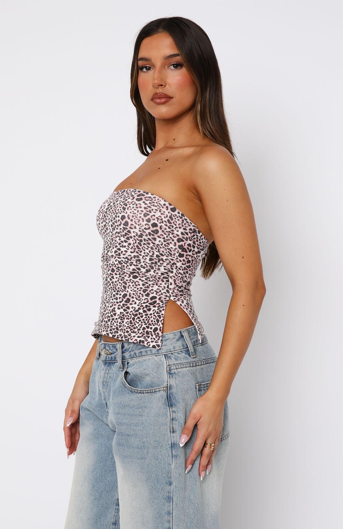 Stay Down Strapless Top Pink Leopard Product Image