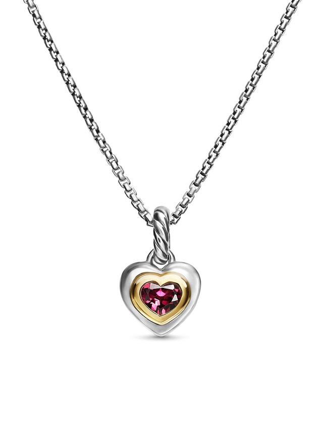 Womens Petite Cable Heart Pendant Necklace in Sterling Silver, 14K Yellow Gold and Rhodolite Garnet, 17.1mm Product Image