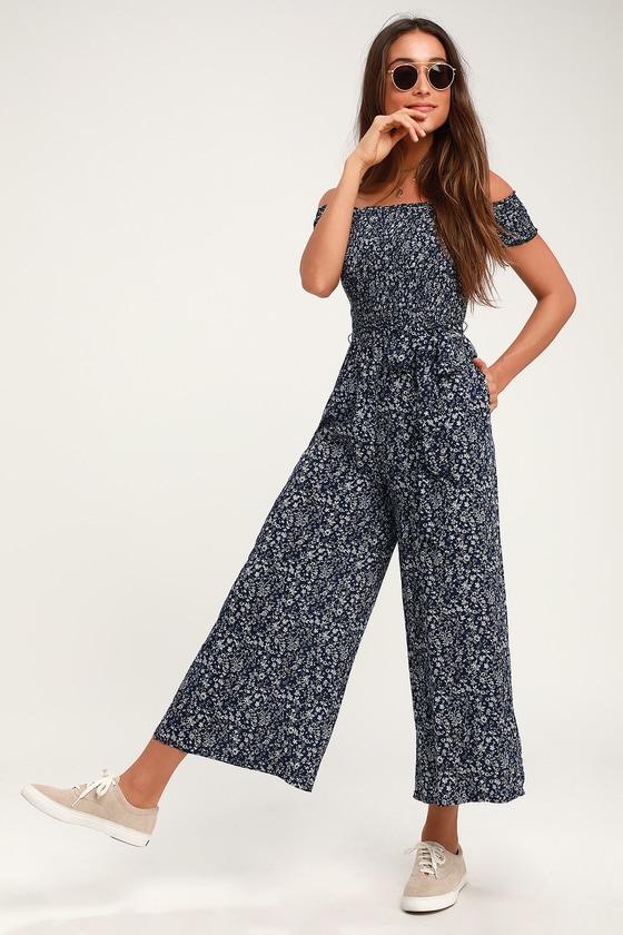 Behold Navy Blue Floral Print Off-the-Shoulder Jumpsuit Product Image