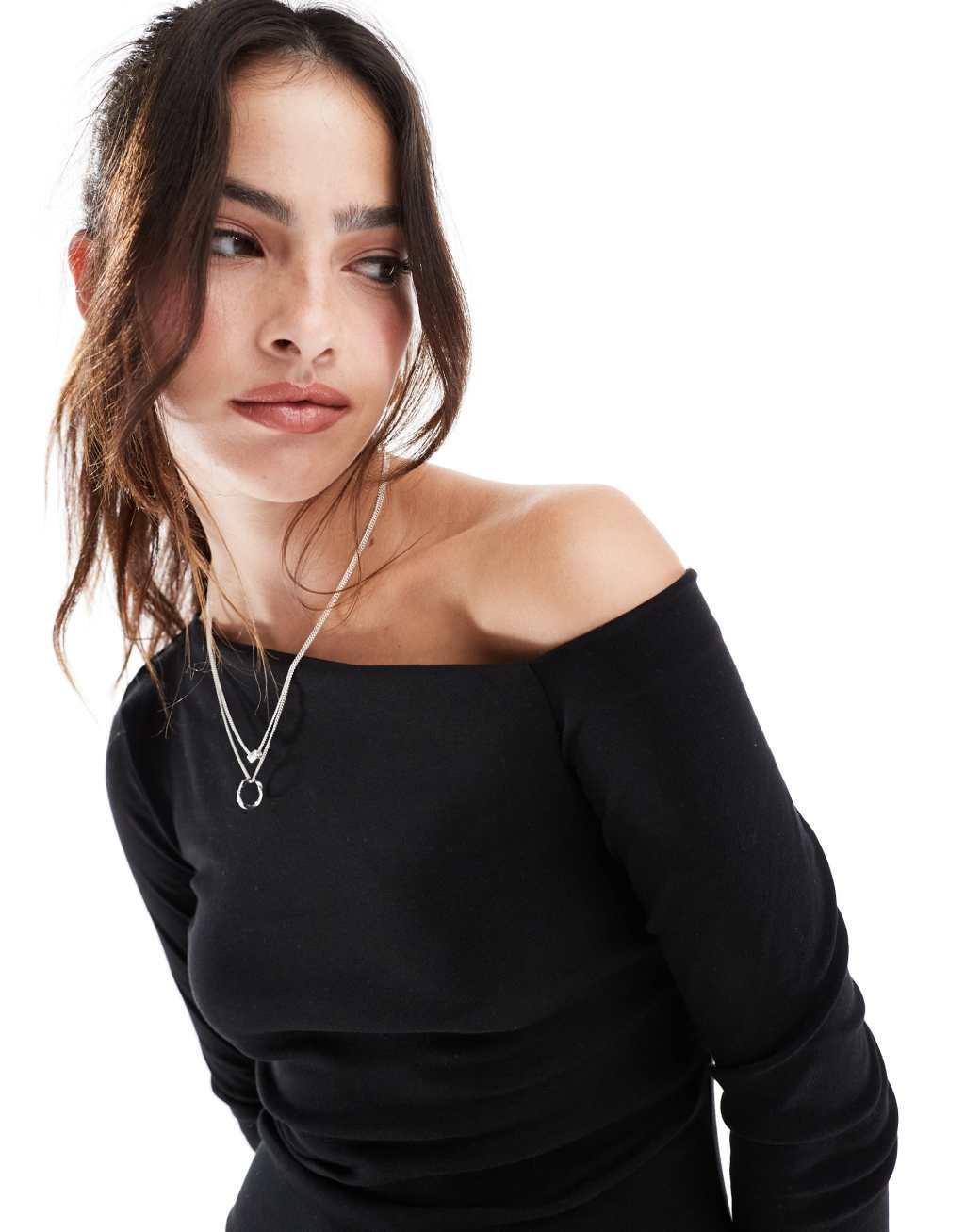 Stradivarius asymmetric long sleeve top in black Product Image