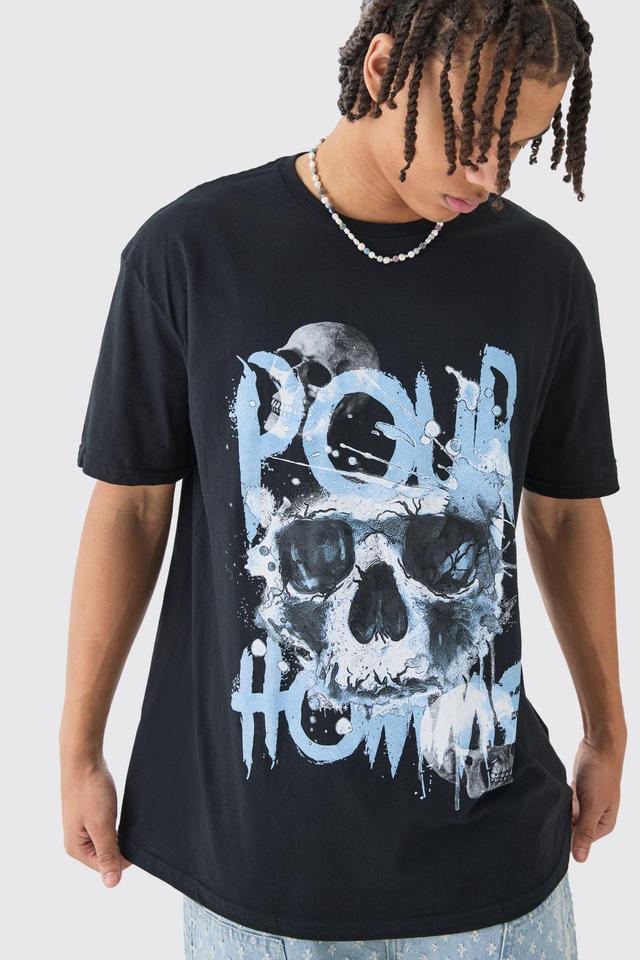 Mens Black Oversized Pour Homme Skull Print T-shirt, Black Product Image