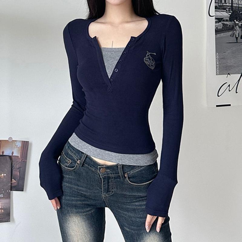 Mock Two-Piece Long-Sleeve Henley Embroidered Crop Top Product Image