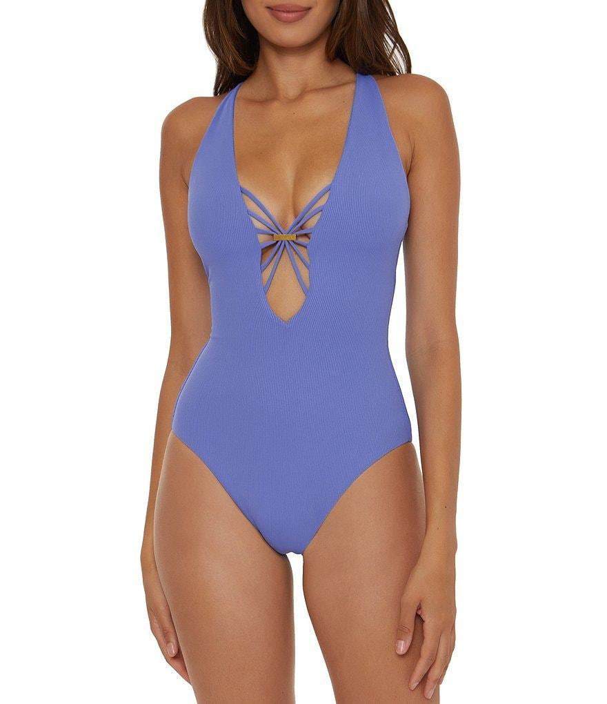 Becca by Rebecca Virtue Modern Edge Strappy Textured Rib Plunge One Piece Swimsuit Product Image