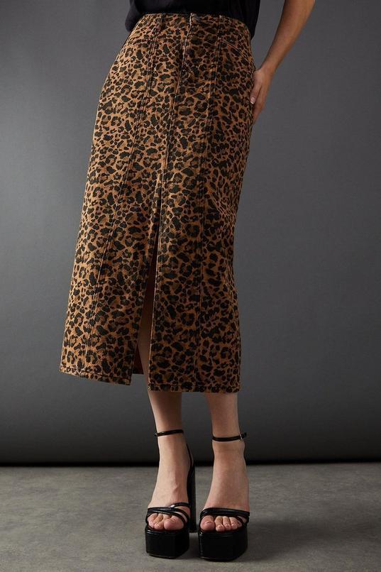 Leopard Print Denim Maxi Skirt Product Image