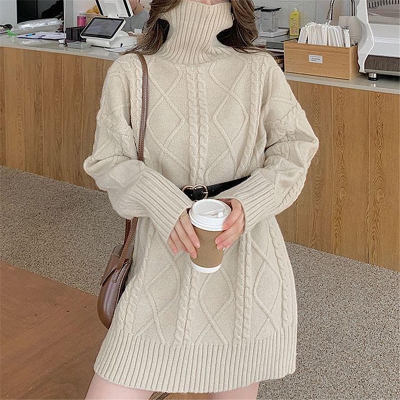 Long-Sleeve Turtleneck Plain Mini Sweater Dress Product Image