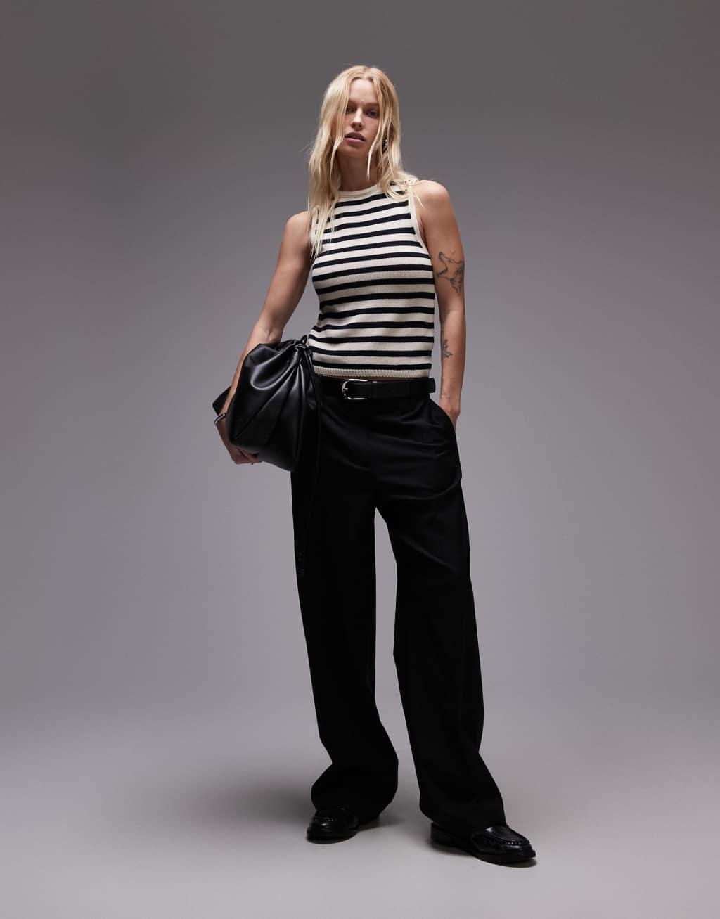 Mango sleeveless cropped knit striped top in black Product Image