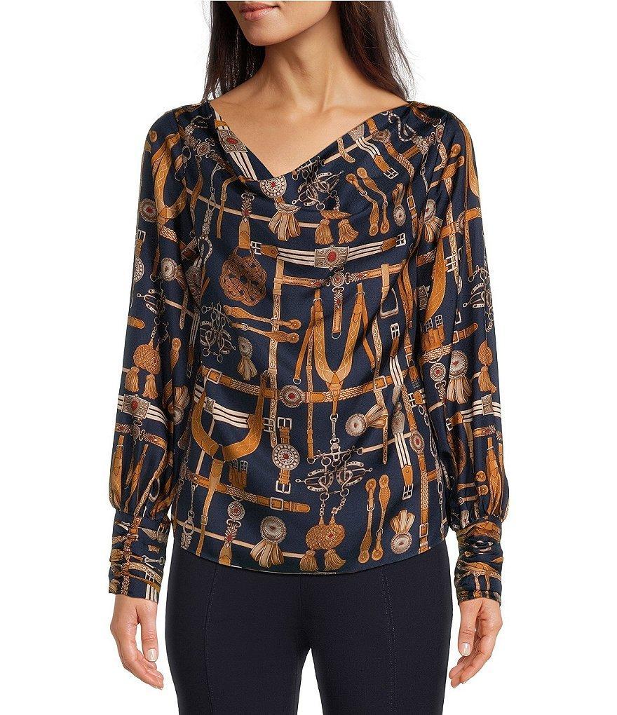 tyler boe Olivia Equestrian Silk Twill Printed Draped Cowl Neck Long Sleeve Blouse Product Image