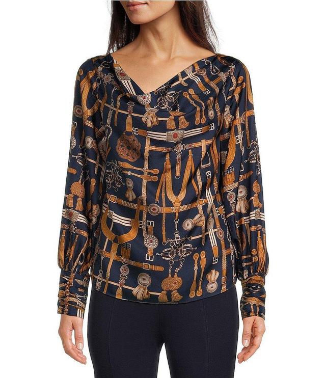 tyler boe Olivia Equestrian Silk Twill Printed Draped Cowl Neck Long Sleeve Blouse Product Image