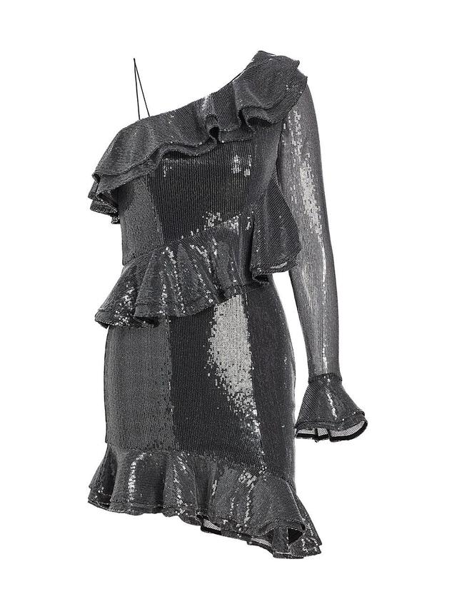 Womens Sequin Ruffled One-Shoulder Minidress Product Image