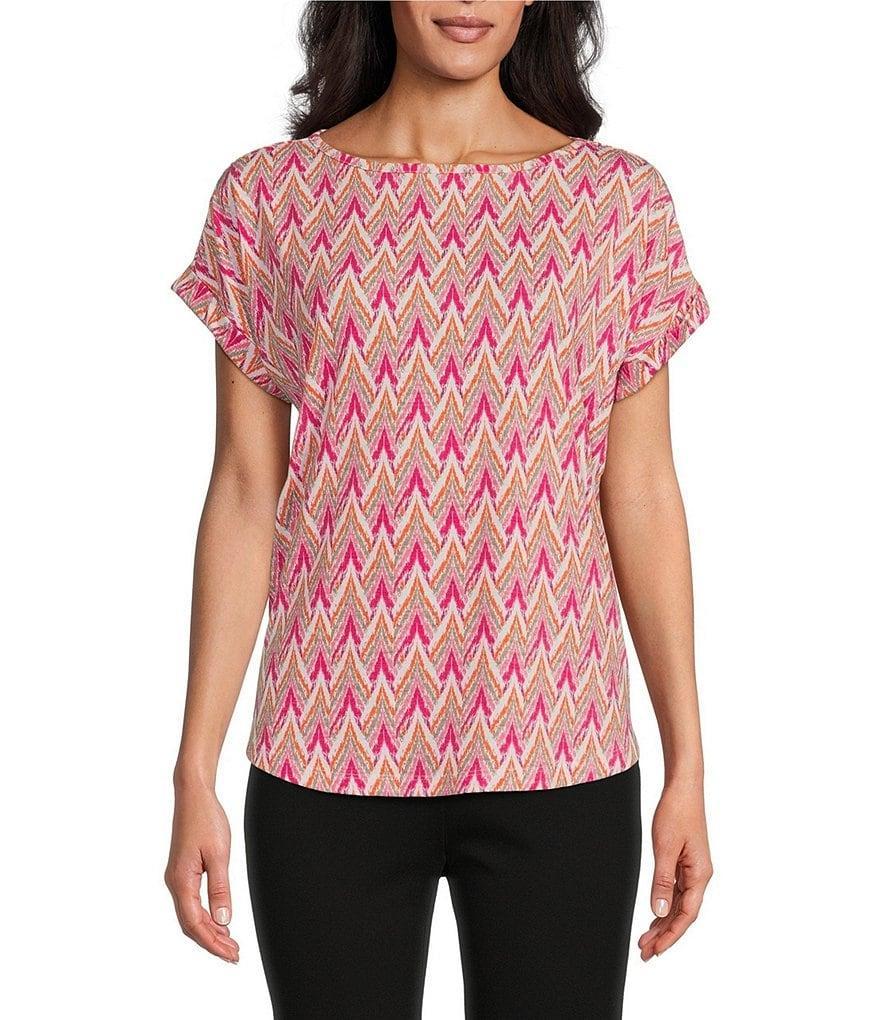 Multiples Slub Knit Ikat Multi Print Crew Neck Cap Dolman Sleeve Hi-Low Hem Fitted Top Product Image